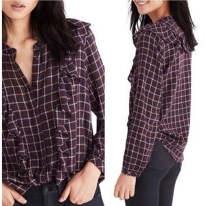 Madewell XS Plaid Front Ruffle Blouse Plum